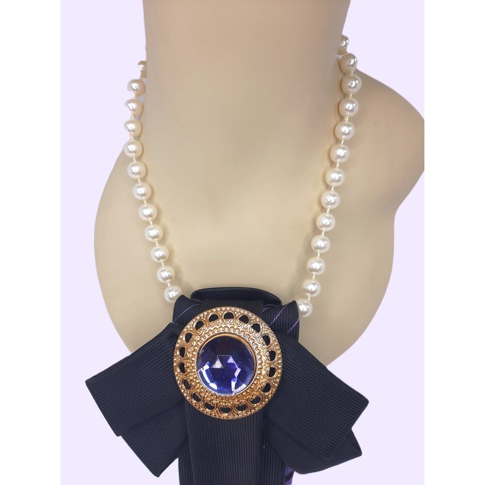 Artisan Vintage Tie Necklace Upcycled Black Purple Gold Jewel Accent Faux Pearls - Picture 3 of 8